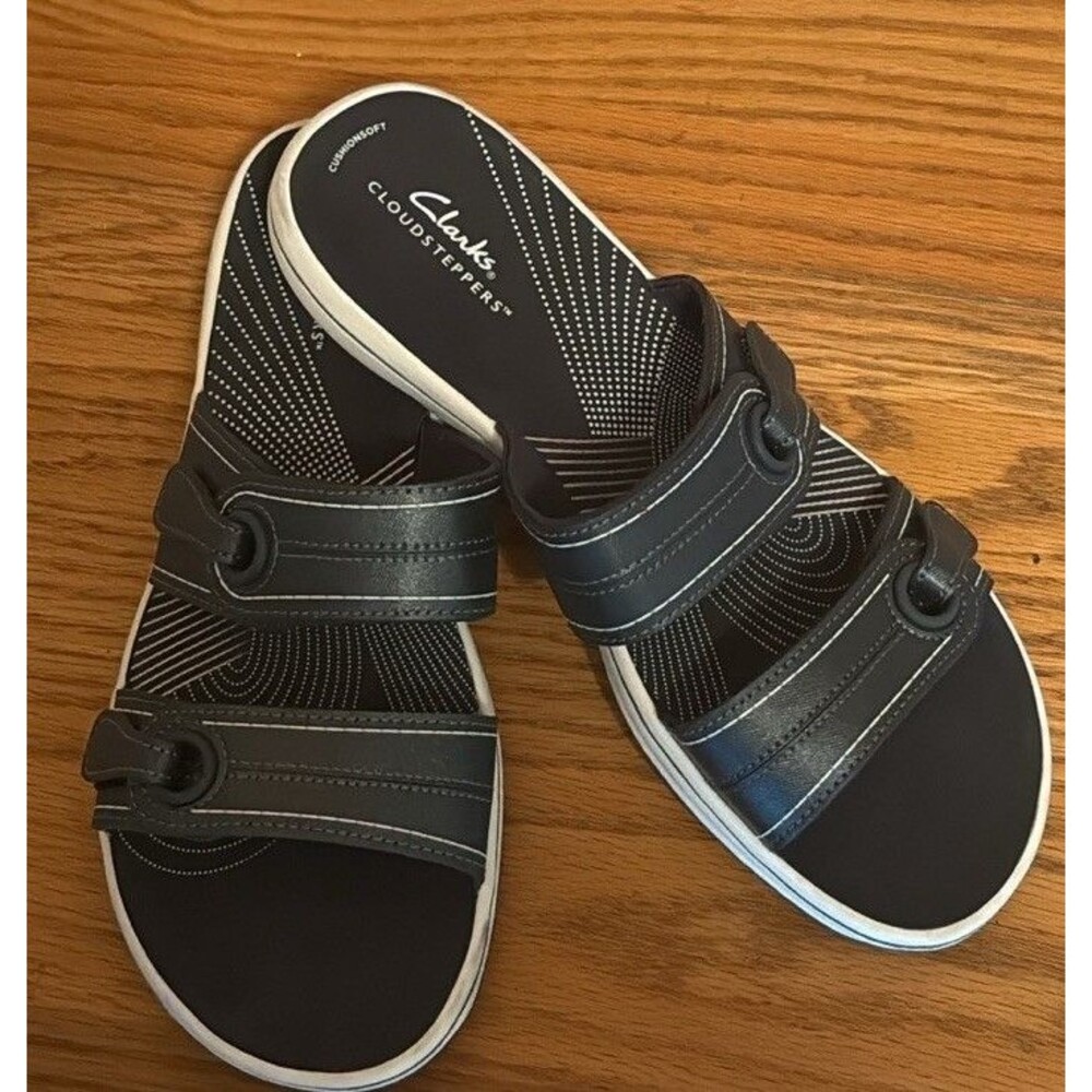 Clarks Womens Cloudsteppers Slide Sandals Black White Adjustable Straps Size 9M